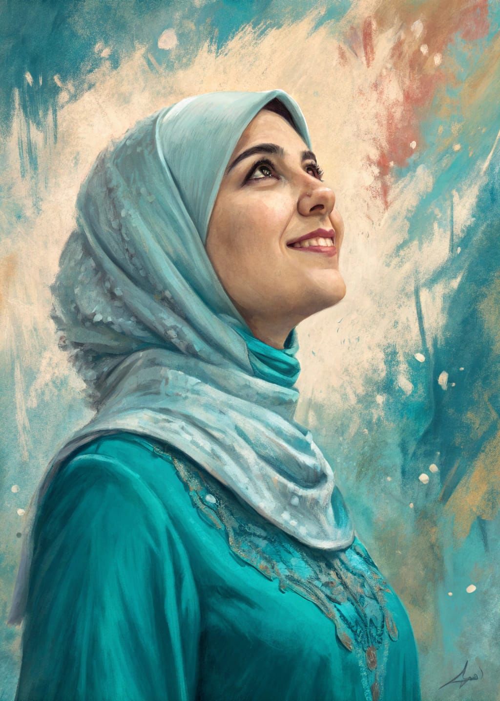 Turquoise Impasto Portrait of a Palestinian Woman