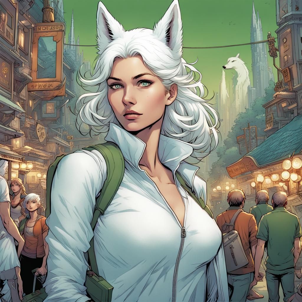 Wolf-Eared Woman in Theme Park, Comic Book Art