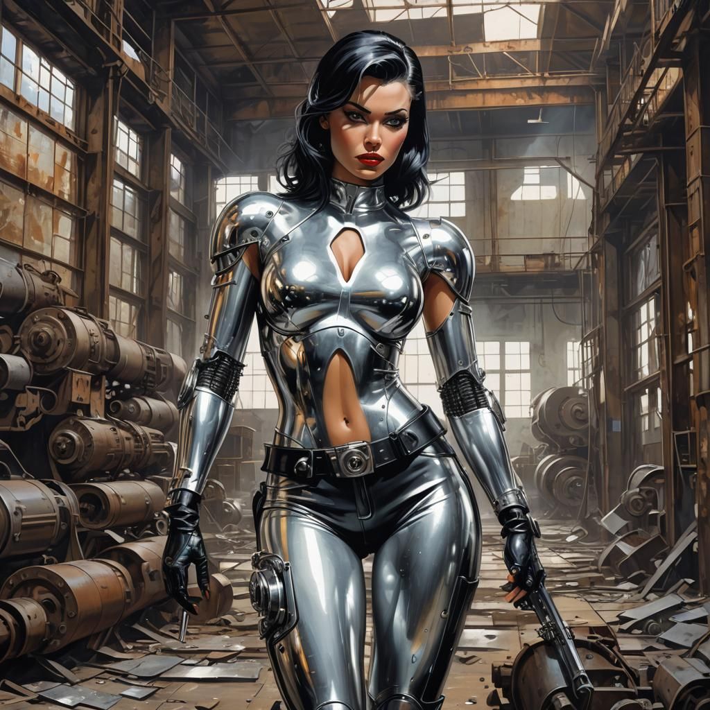 Chrome Cyborg in Abandoned Factory, Dieselpunk Style
