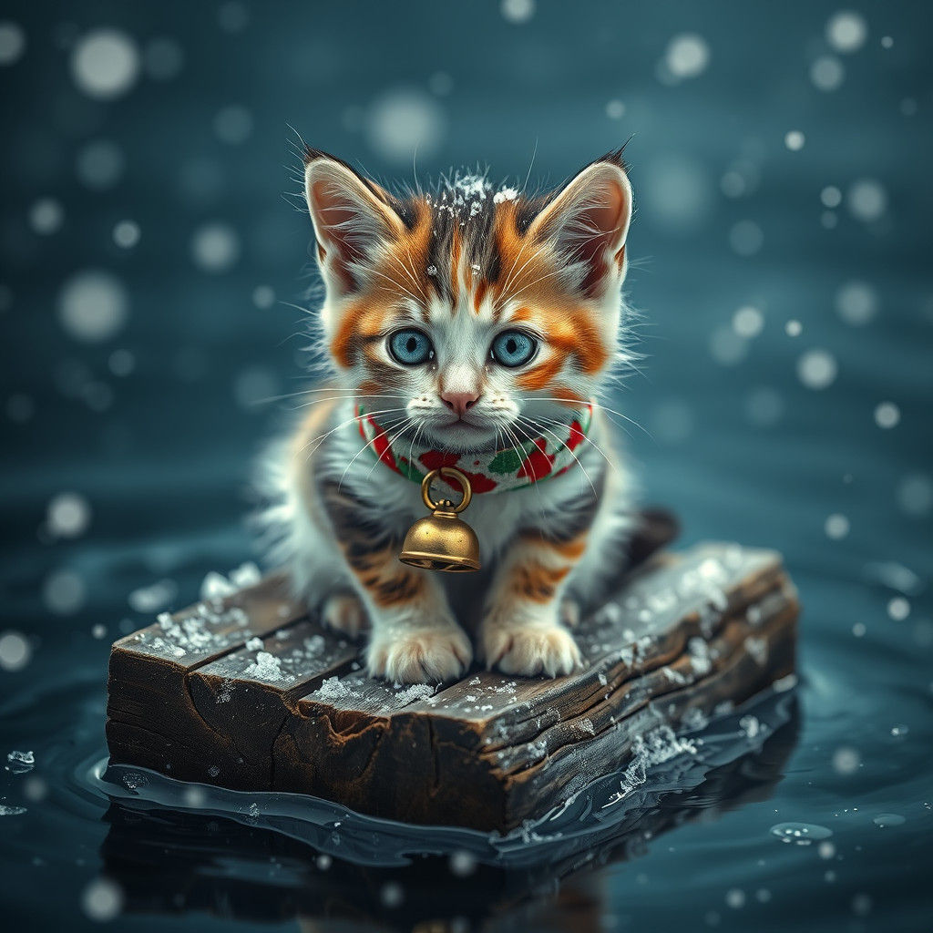 Calico Kitten Adrift on Icy Sea, Hyperrealist Painting