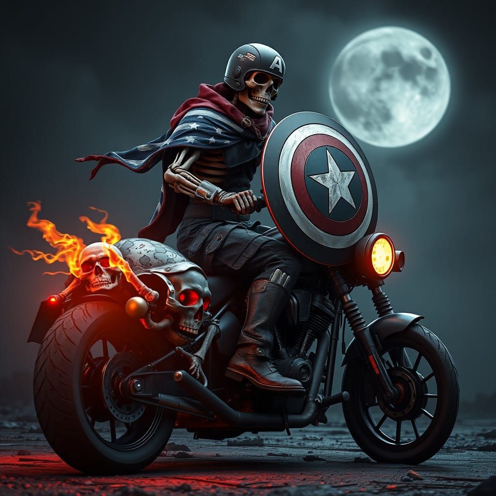 Skeletal Captain America Rides Grim Reaper Motorcycle