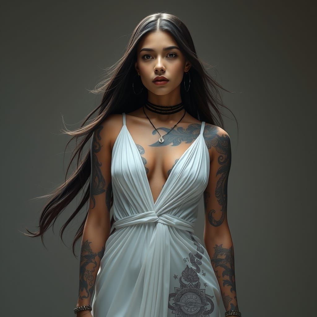 Tattooed Woman in White Gown: Photorealistic Portrait