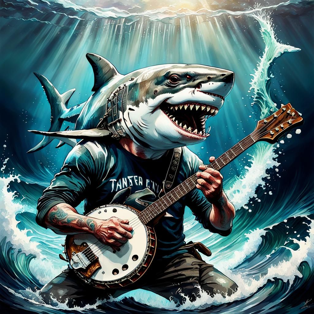 Great White Shark Plays Banjo in Fantasy Landscape
