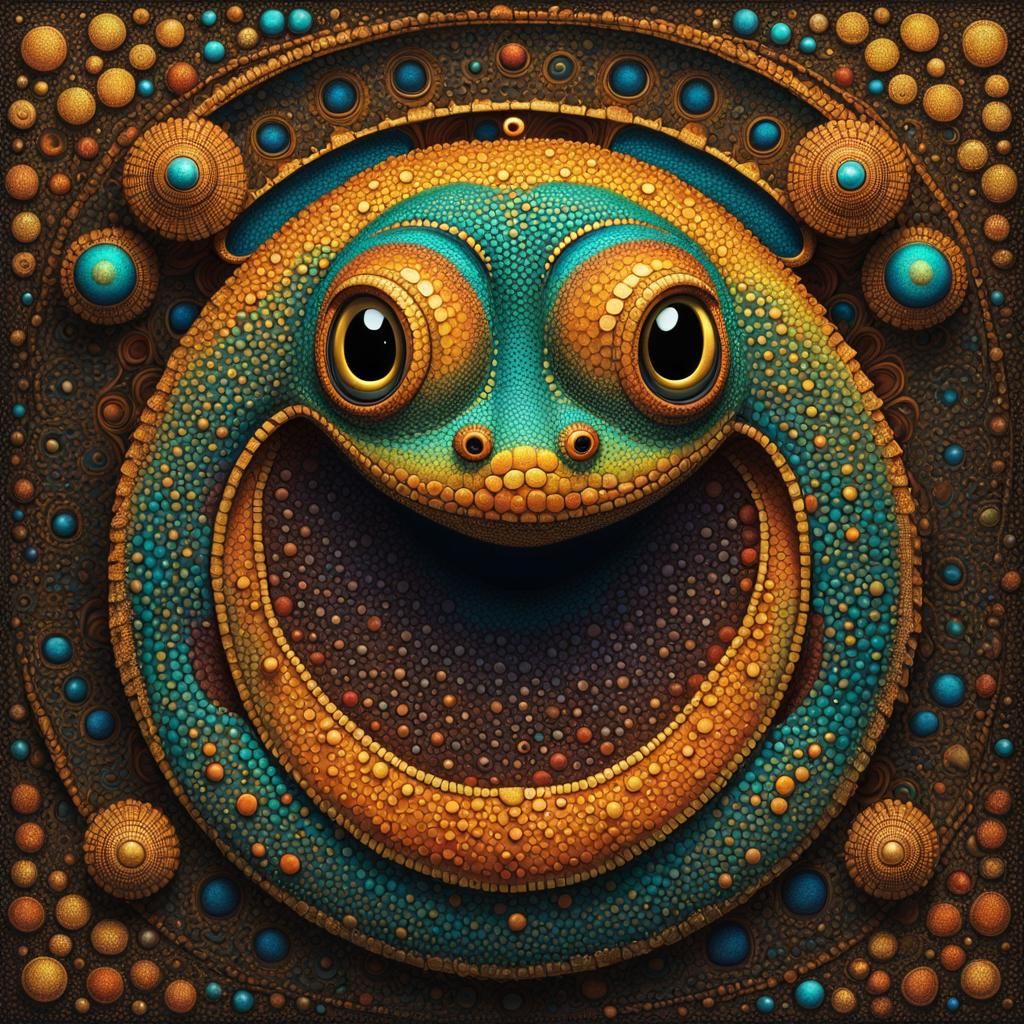 Whimsical Metal Lizard in Surreal Pointillism Art