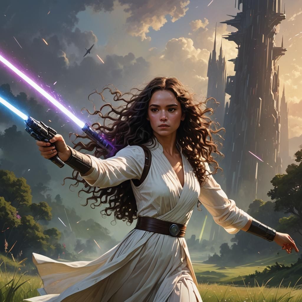 Young Woman Lightsaber X-Wing in Meadow