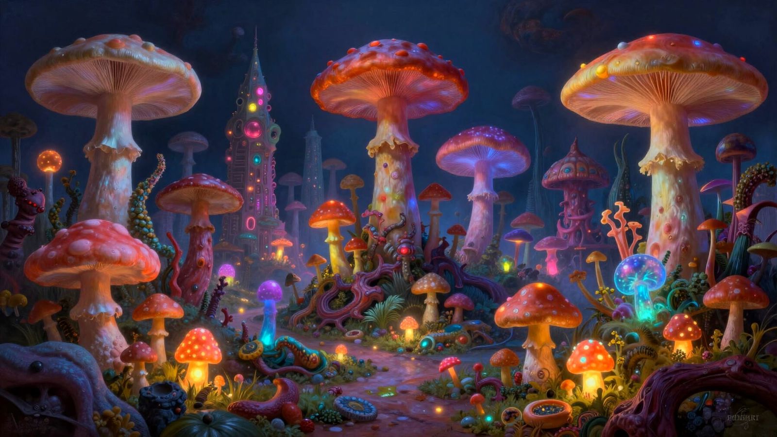Surreal Fungi City With Pillowy Glowing Mushrooms