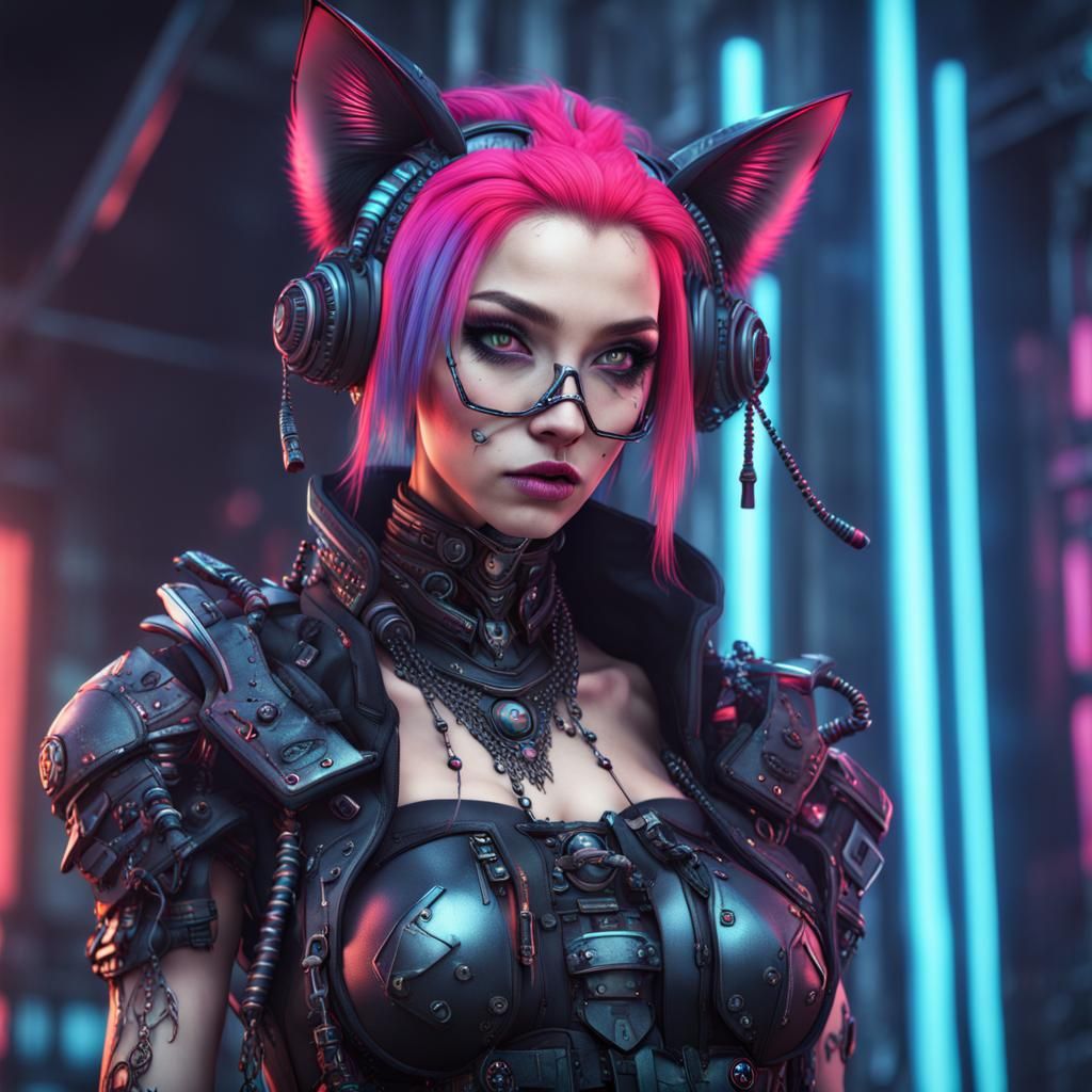 Cyber Goth Cat Girl in Detailed Matte Painting
