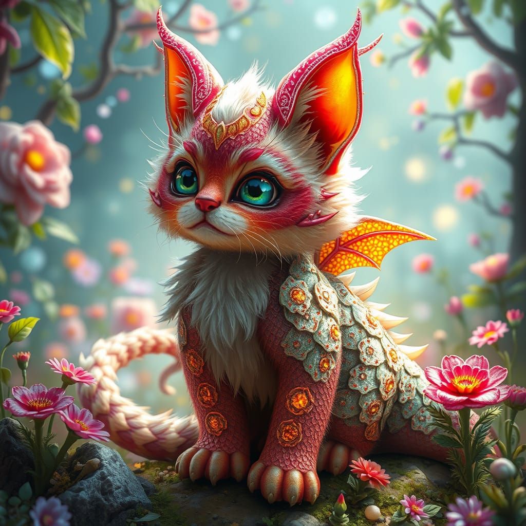 Magical Kitten-Dragon Hybrid in a Fantastical Landscape