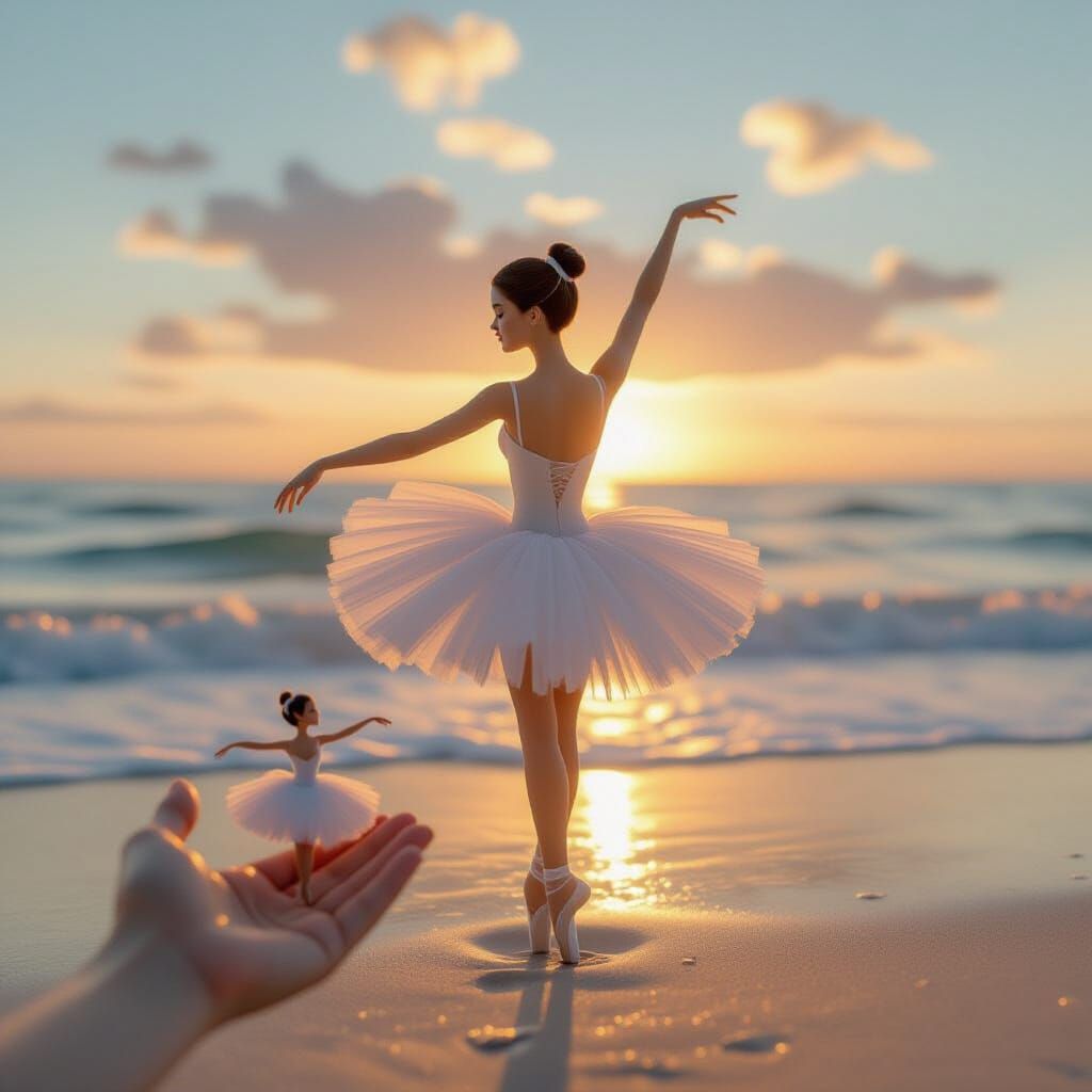 Ballerina Dancing on Beach with Tiny Figurine