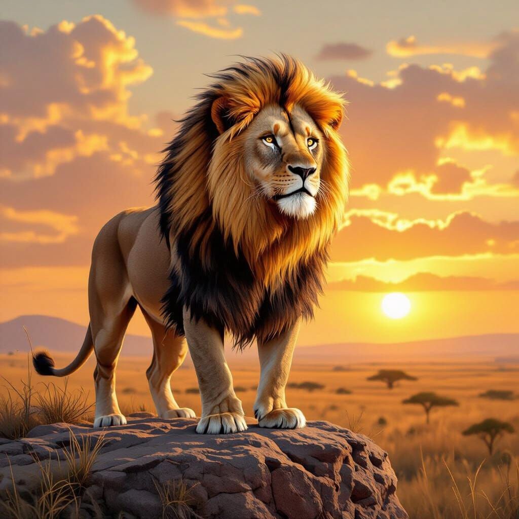 Lion on Savanna Cliff in Hyperrealistic Style