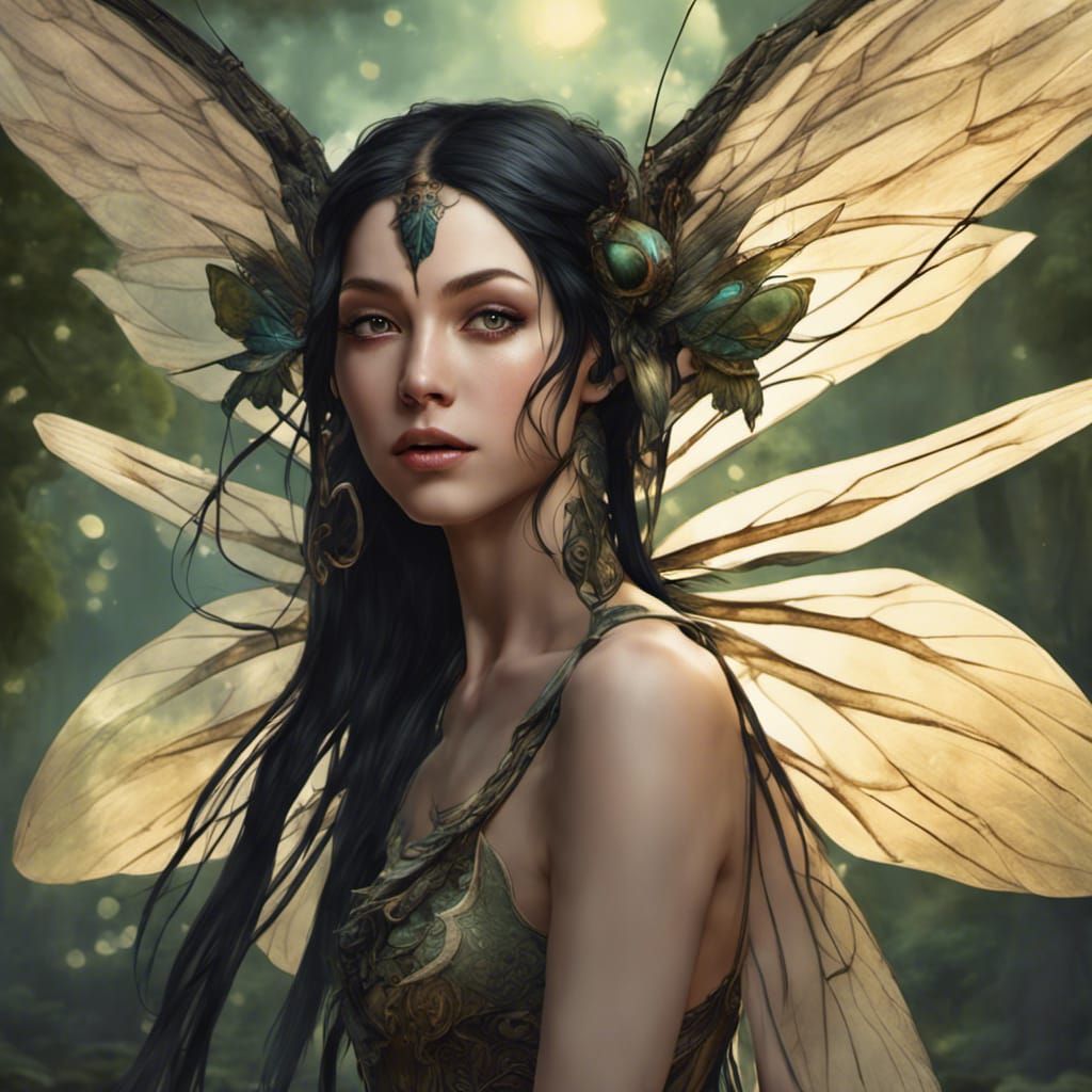 Fairy with Cicada Wings in Detailed Matte Painting
