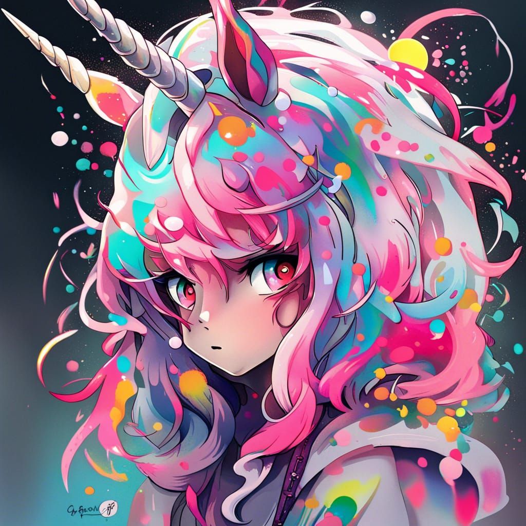 Anime Unicorn Girl in Colorful Graffiti Art