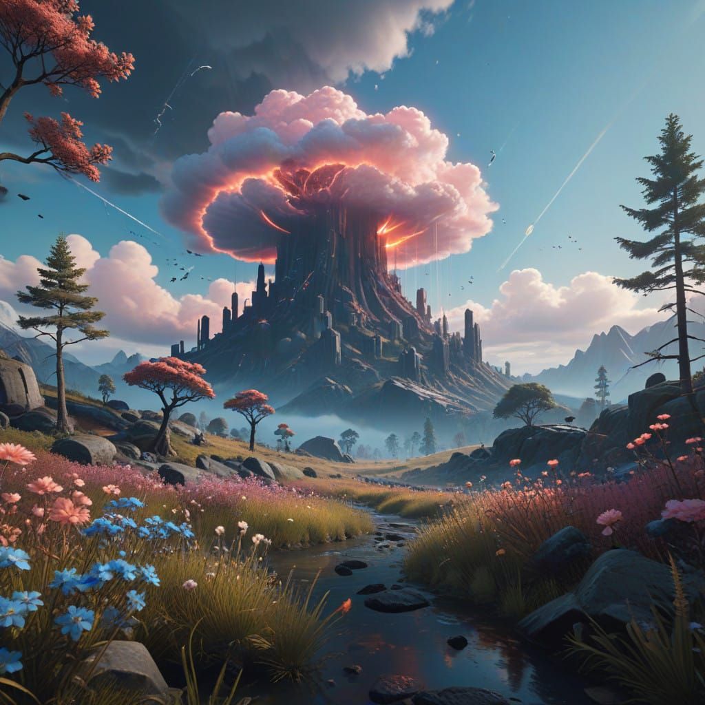 Soft Focus Pastelcore Landscape with Ethereal Flora and Faun...