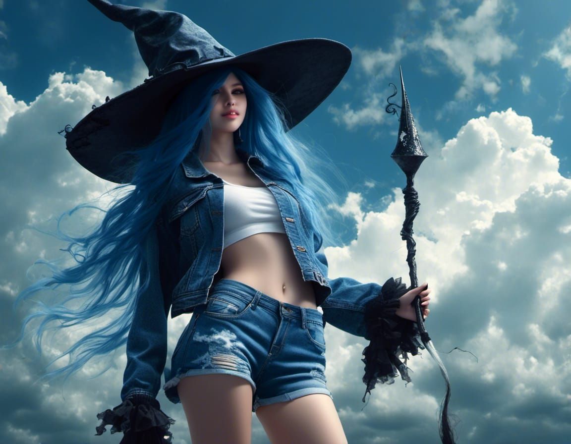 Denim Witch with Cloud Wand Under Overcast Sky