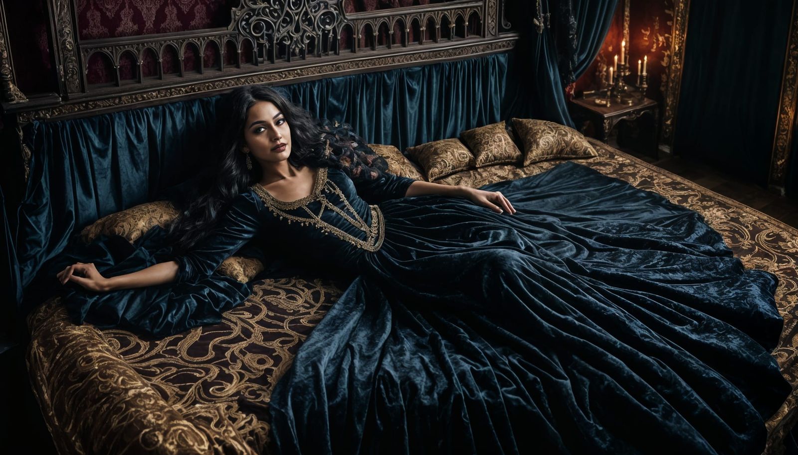 Flirty Woman in Gothic Dress on Plush Bed
