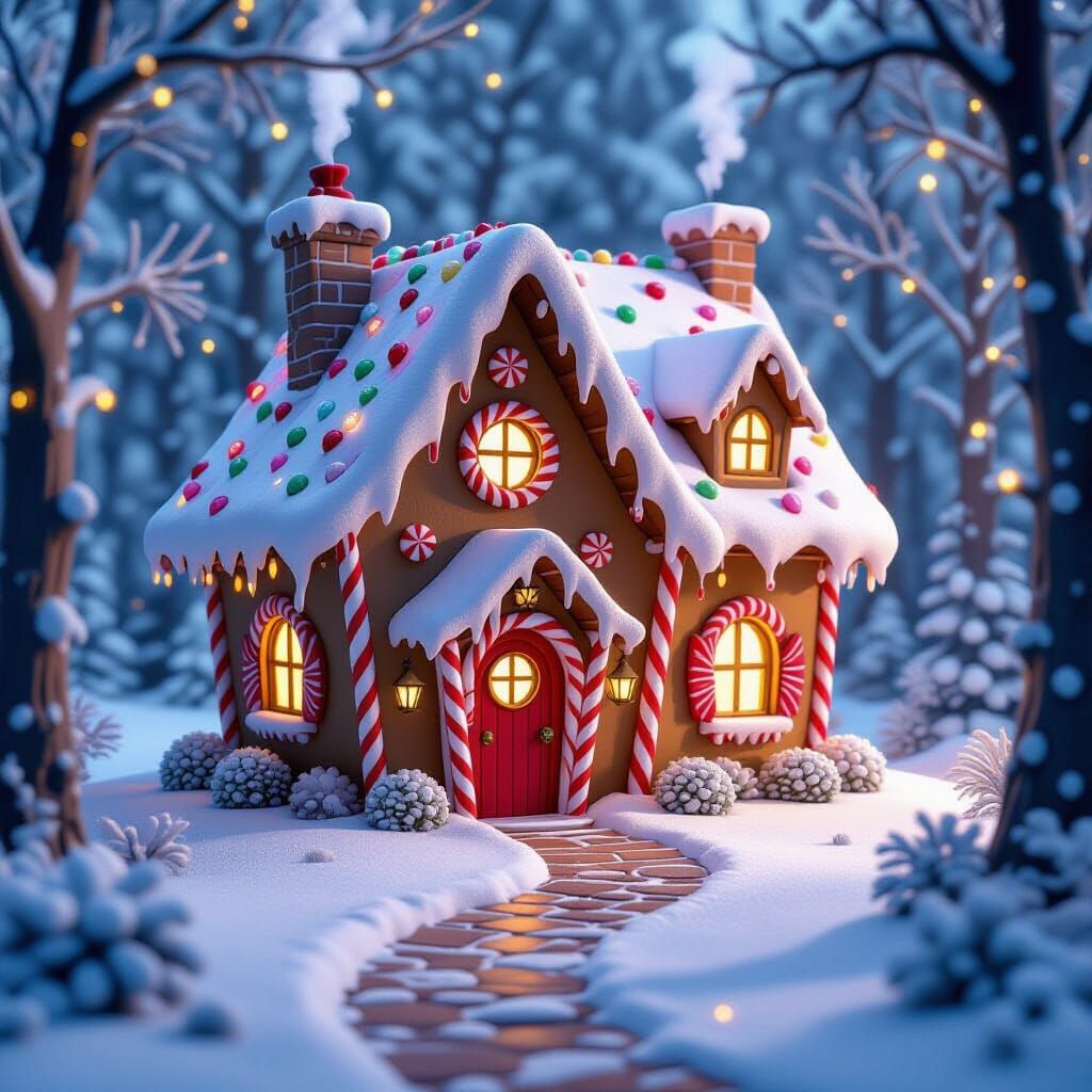Whimsical Gingerbread House in Snowy Enchanted Forest
