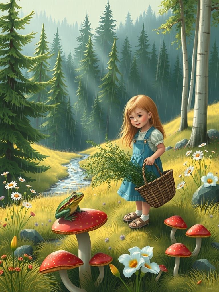 Whimsical Girl Surveys Her Garden in a Gentle Rain