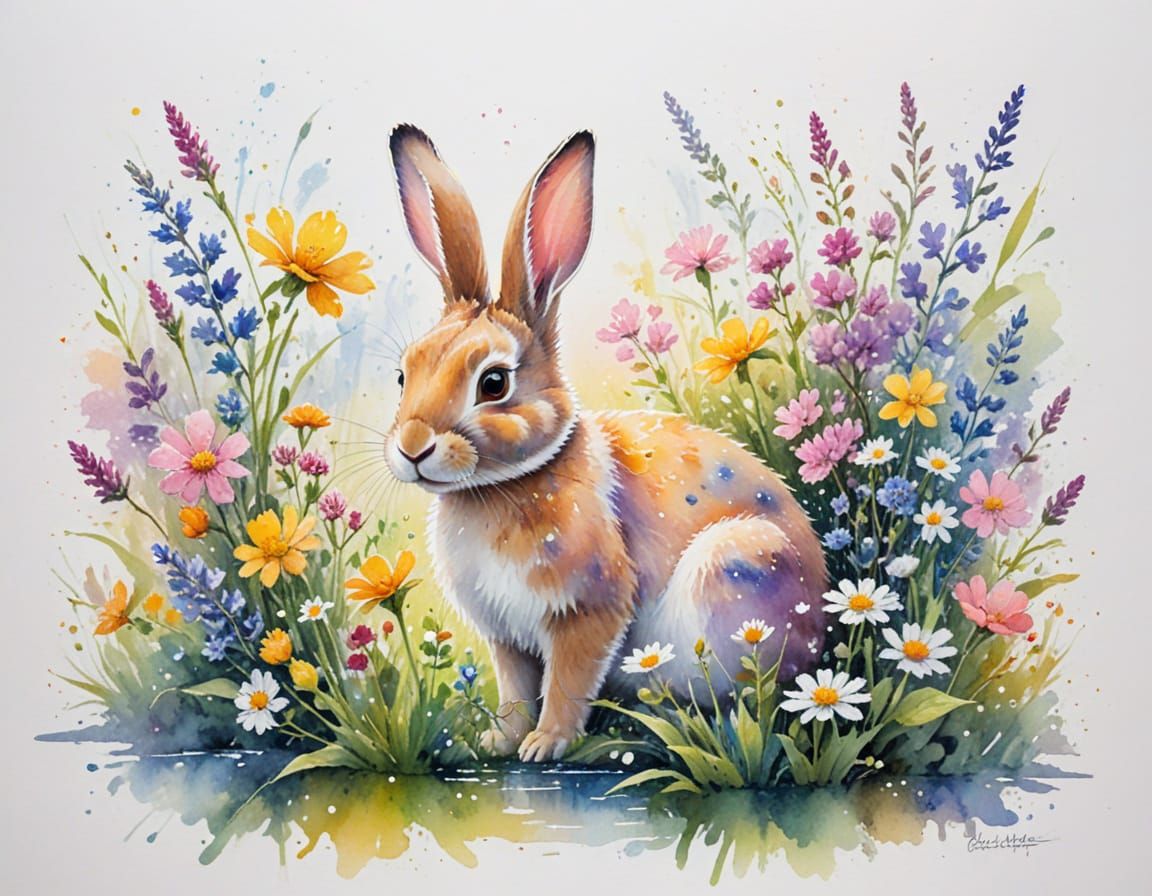 Playful Rabbit in Sunlit River Garden Watercolour