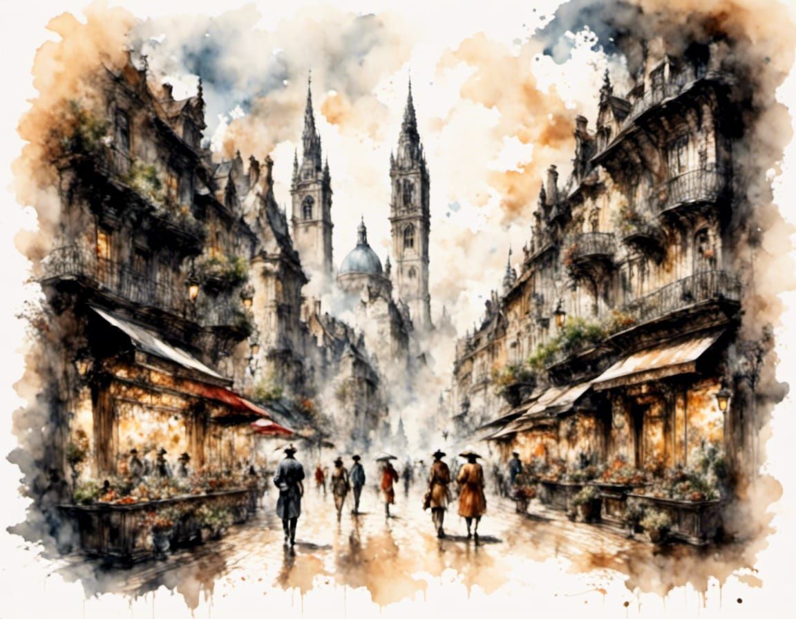 Abstract Cityscape in Watercolor and Sketch Style