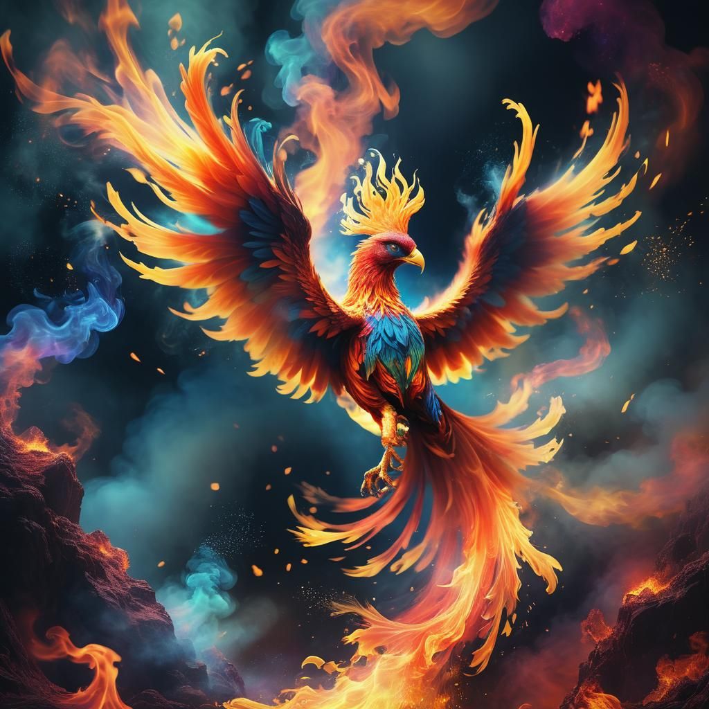 Fiery Phoenix Ascending in Glitch Art Style