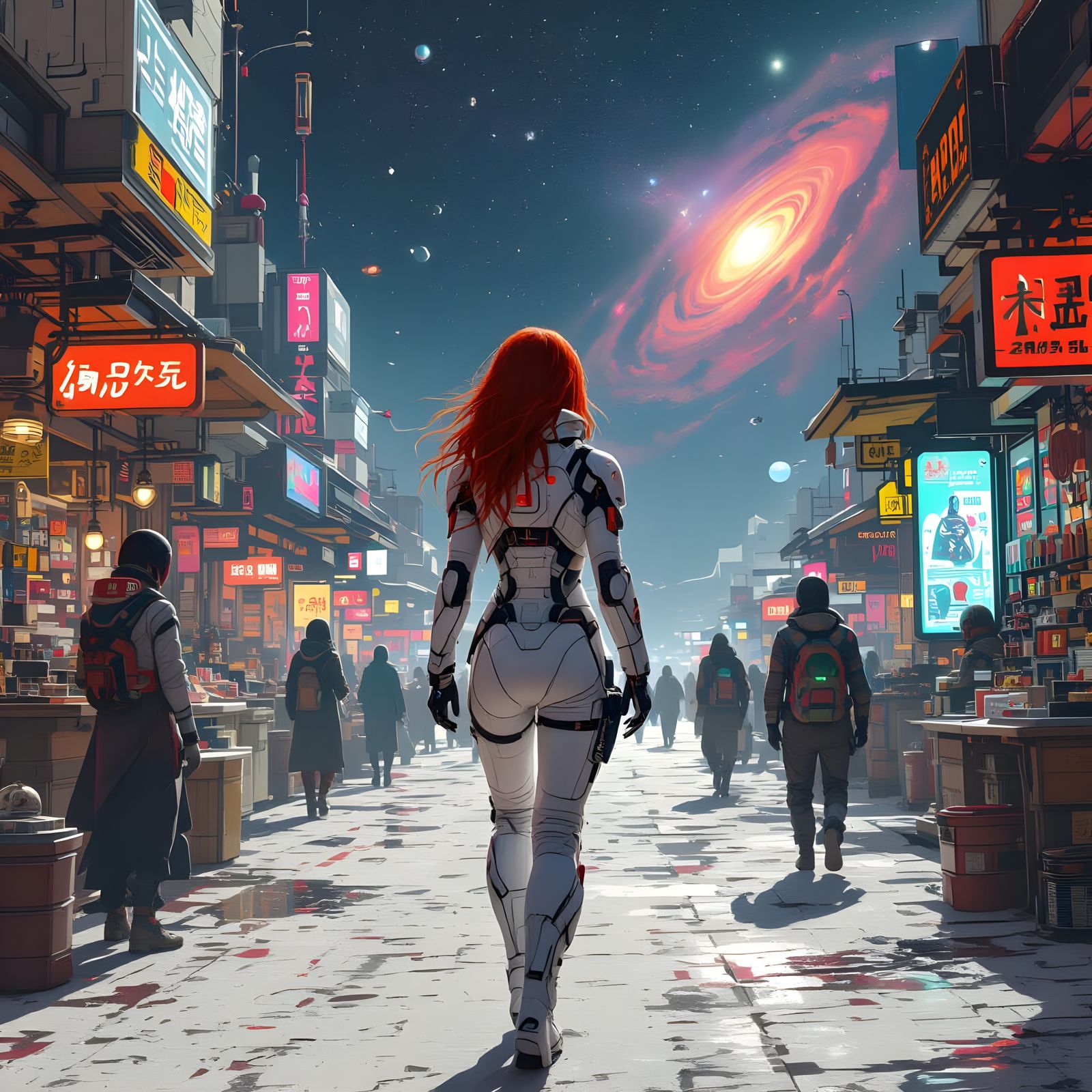 Futuristic Woman in Lunar Marketplace in Synthwave Style