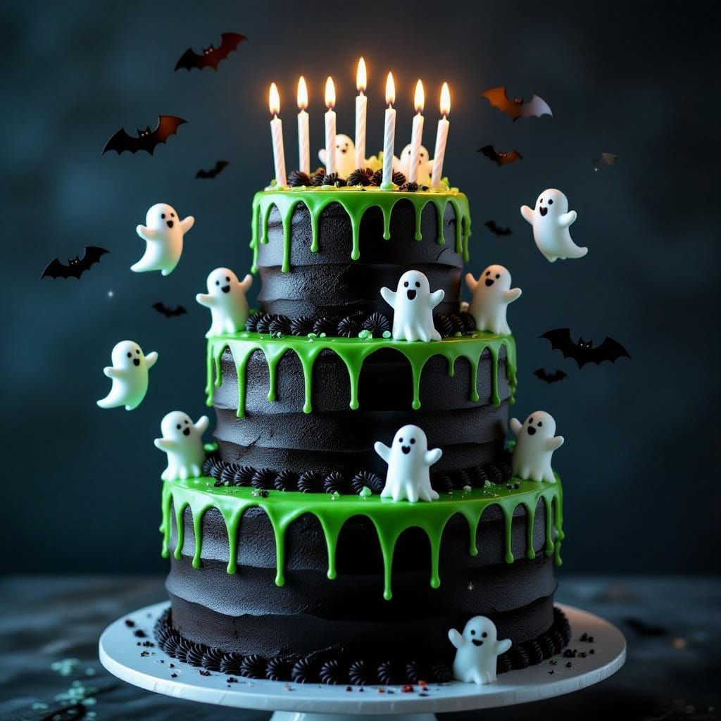 Haunted Cake Celebration With Floating Candles and Eerie Fig...