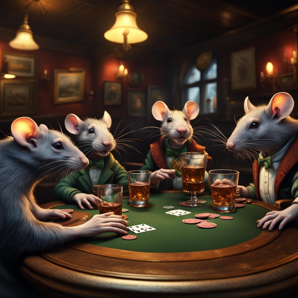 Rats Playing Poker in Irish Pub, Digital Art