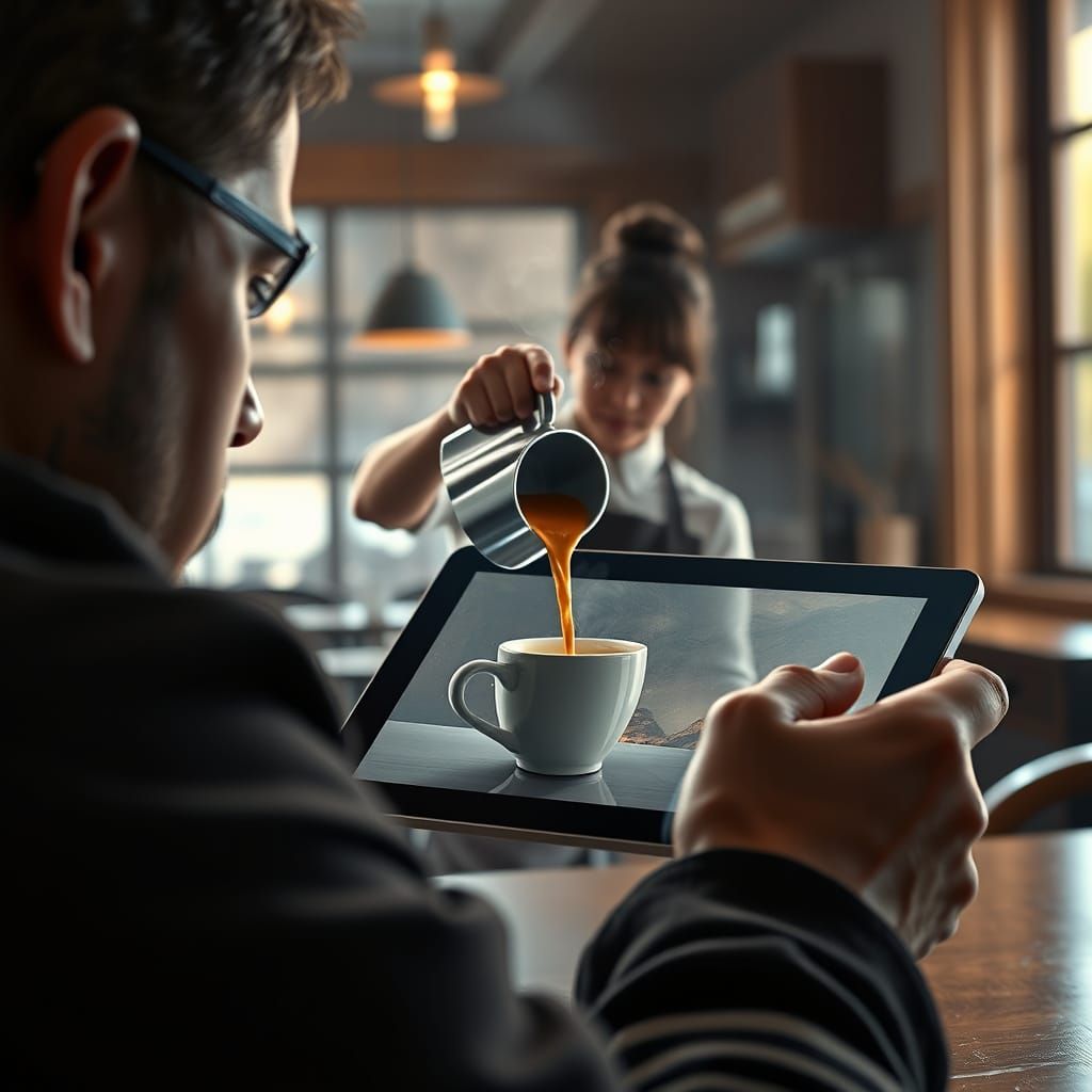 Waitress Brings Coffee to a Distracted Patron in a Futuristi...