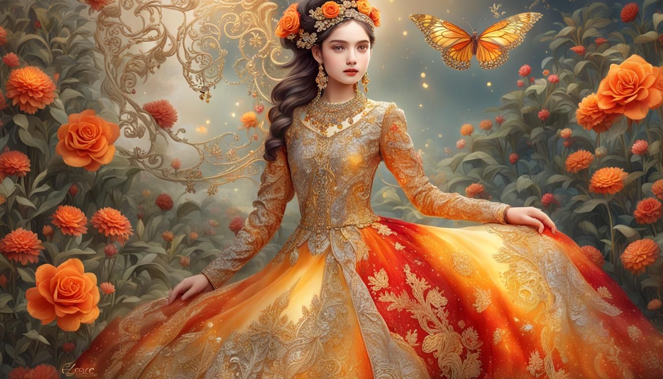 Sweet Girl with Filigree and Diamonds in Art Nouveau Style