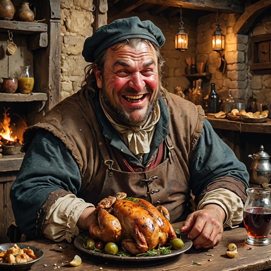Grotesque Merchant Laughing in Medieval Tavern