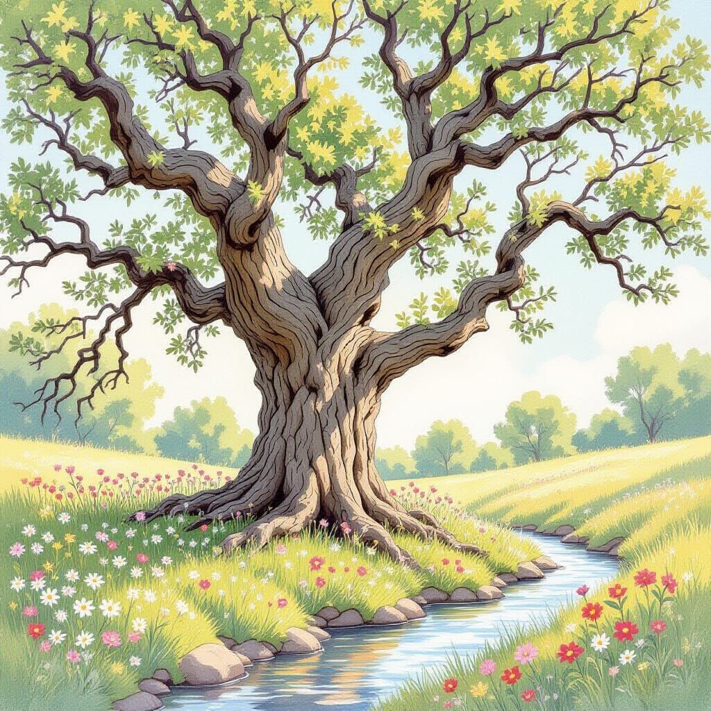Sun-Dappled Oak Tree in Watercolor Storybook Style