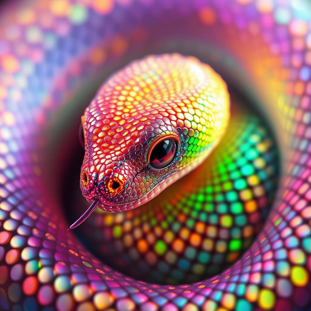 Iridescent Baby Snake in Fluffy 3D Digital Art