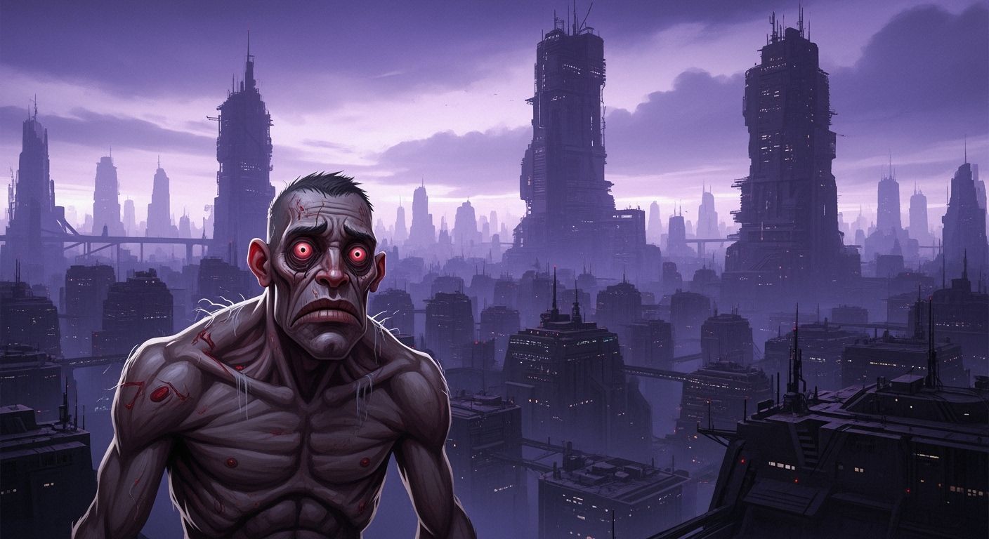 Brutish Man in Oppressive Dystopian Cityscape