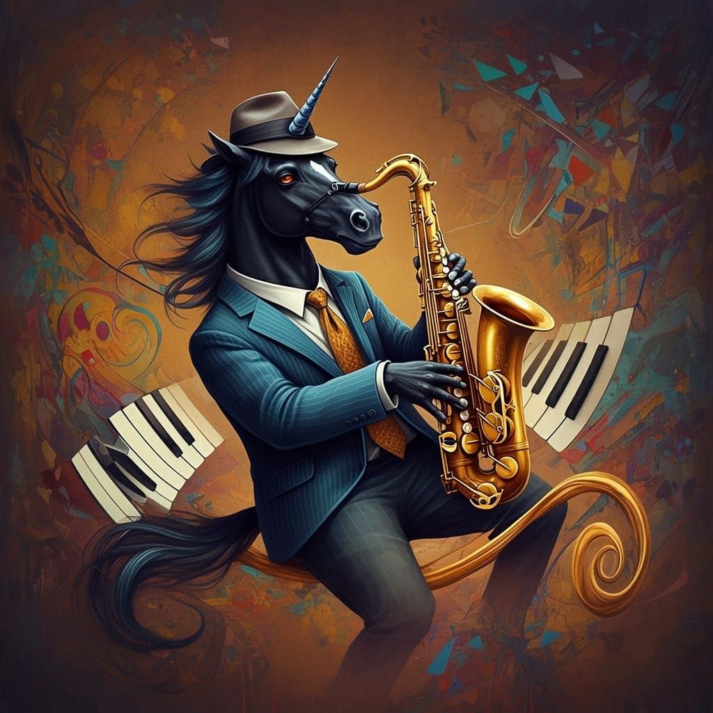 Black Unicorn Jazz Saxophonist in Surreal Scene