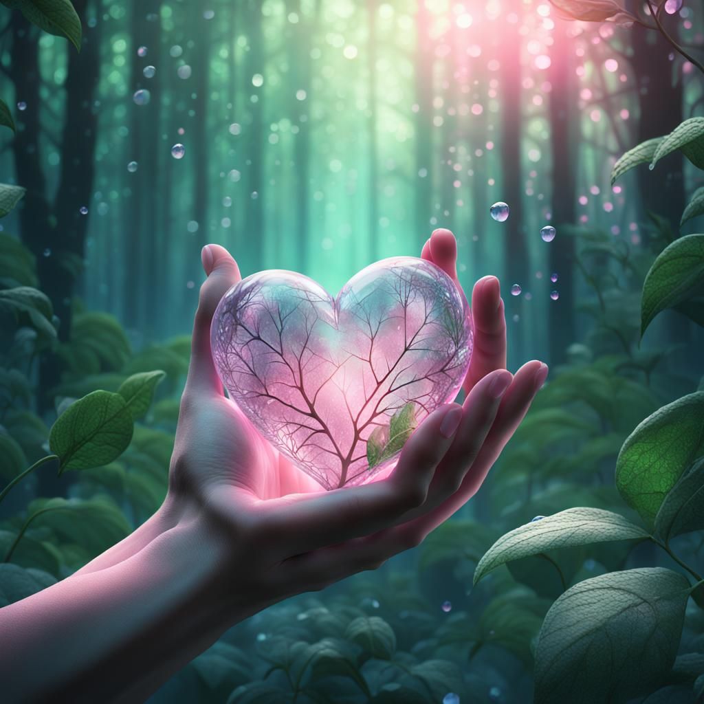 Delicate Glass Heart in Lush Forest, Digital Art