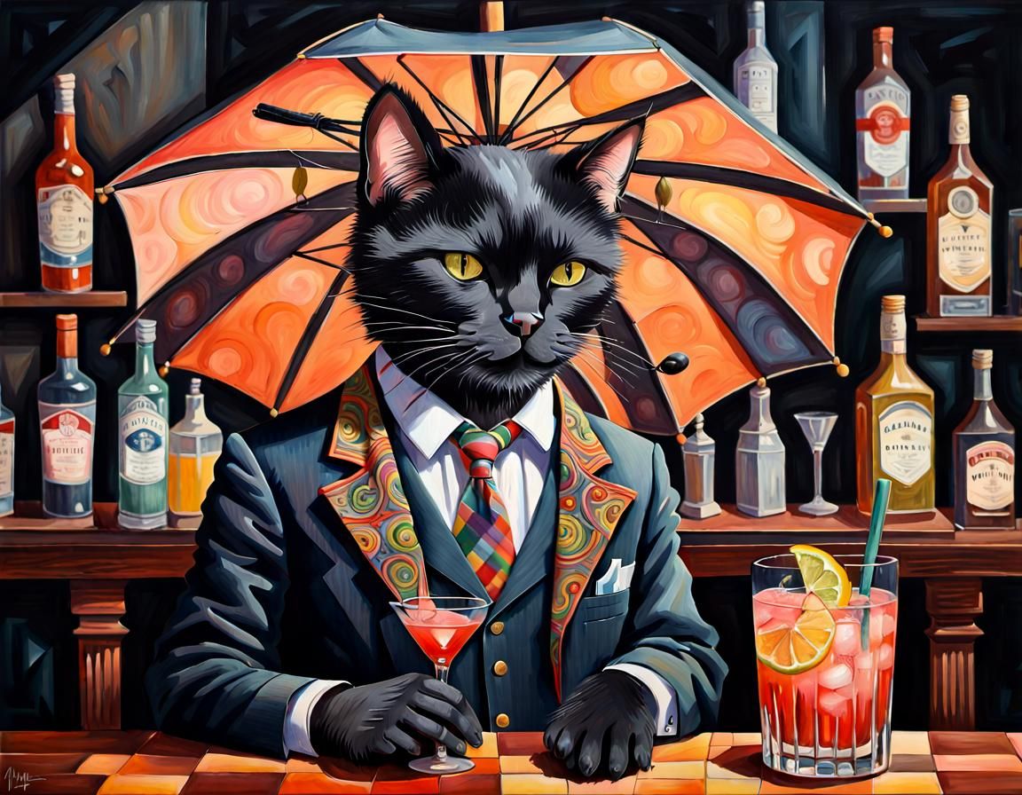 Art Deco Cat Bartender Serves Cocktail in Gouache