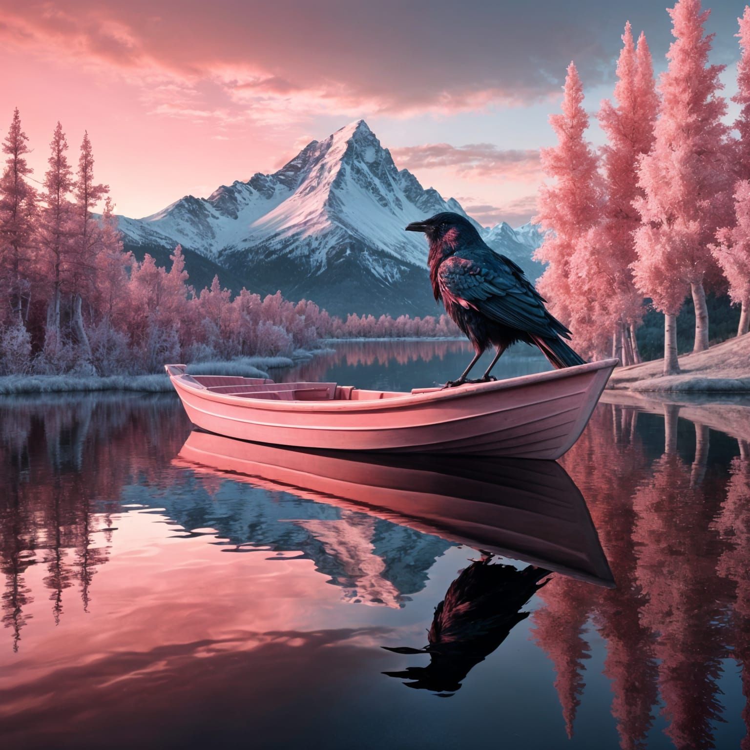 Elegant Raven on Boat at Sunset: 3D Drippy Wax Art
