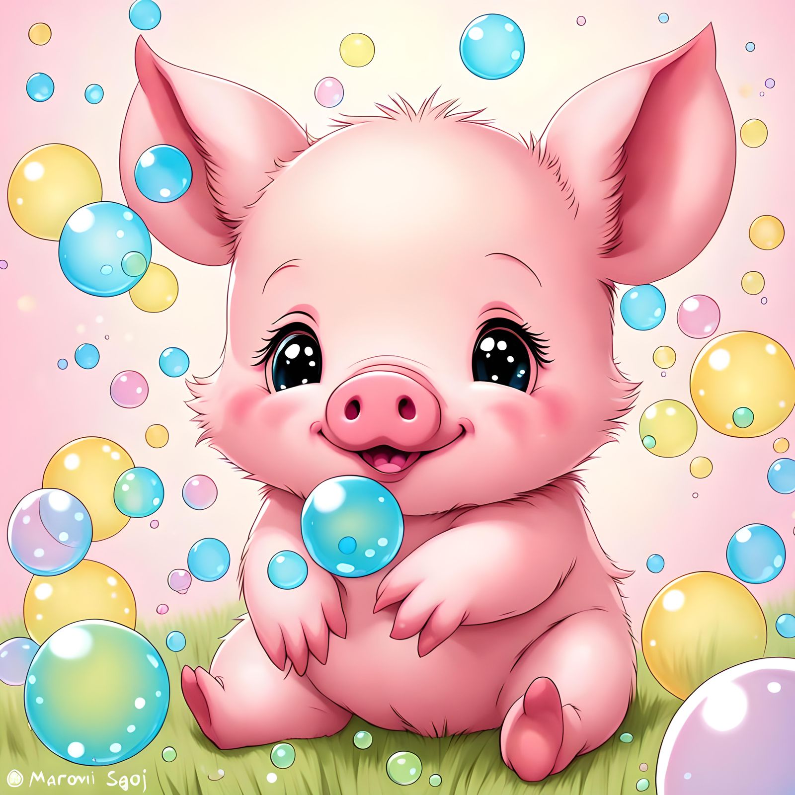 Adorable Furry Piglet Surrounded by Bubbles