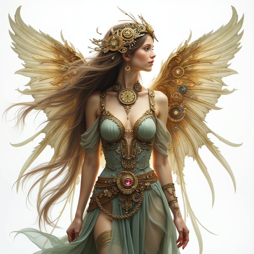 Steampunk Woman with Clockwork Wings in Art Nouveau
