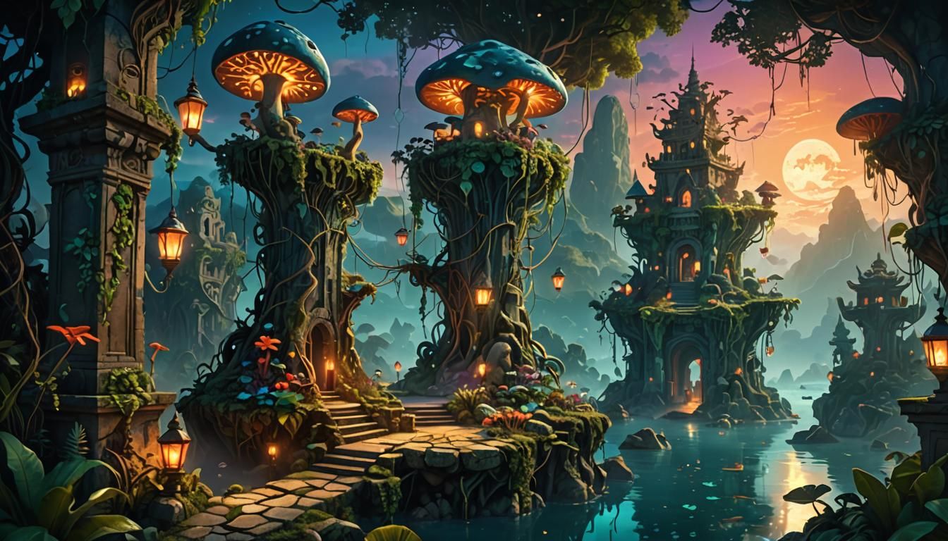 Mystical Jungle Town with Celestial Ocean in Fantasy Art