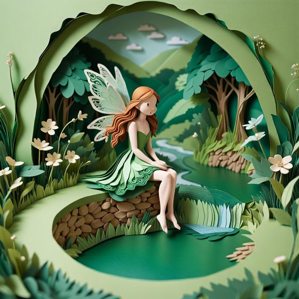 Fairy on Lush Field in Layered Paper Art Style