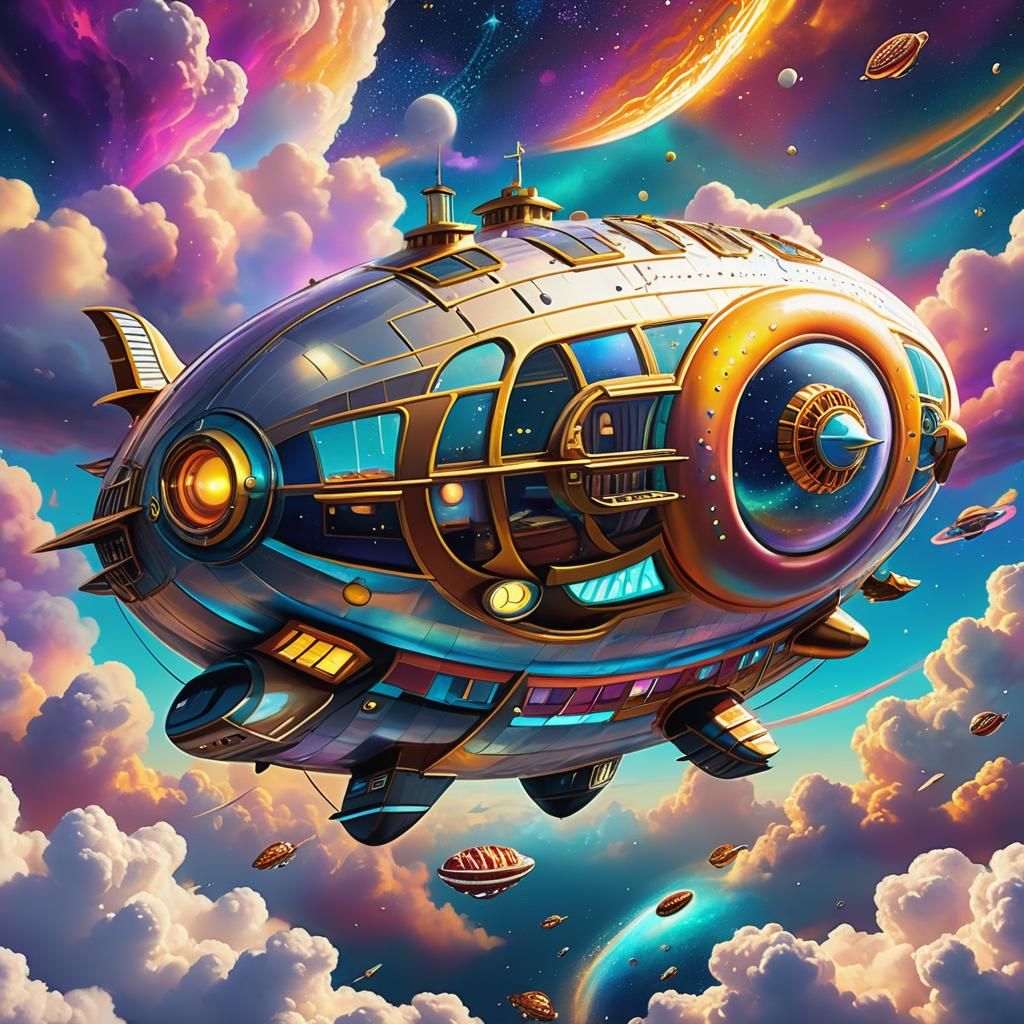 Retro-Futuristic Donut Shop Airship in Cosmic Astral Style
