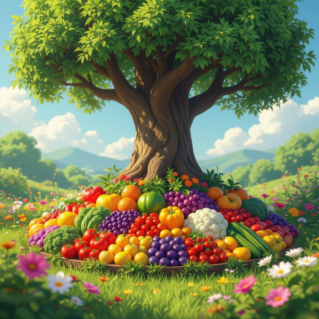 Vibrant Fruits, Vegetables, and Flowers Under Majestic Tree
