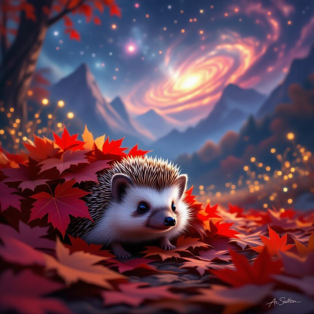 Hedgehog Emerges from Autumn Leaves Under Nebula Sky