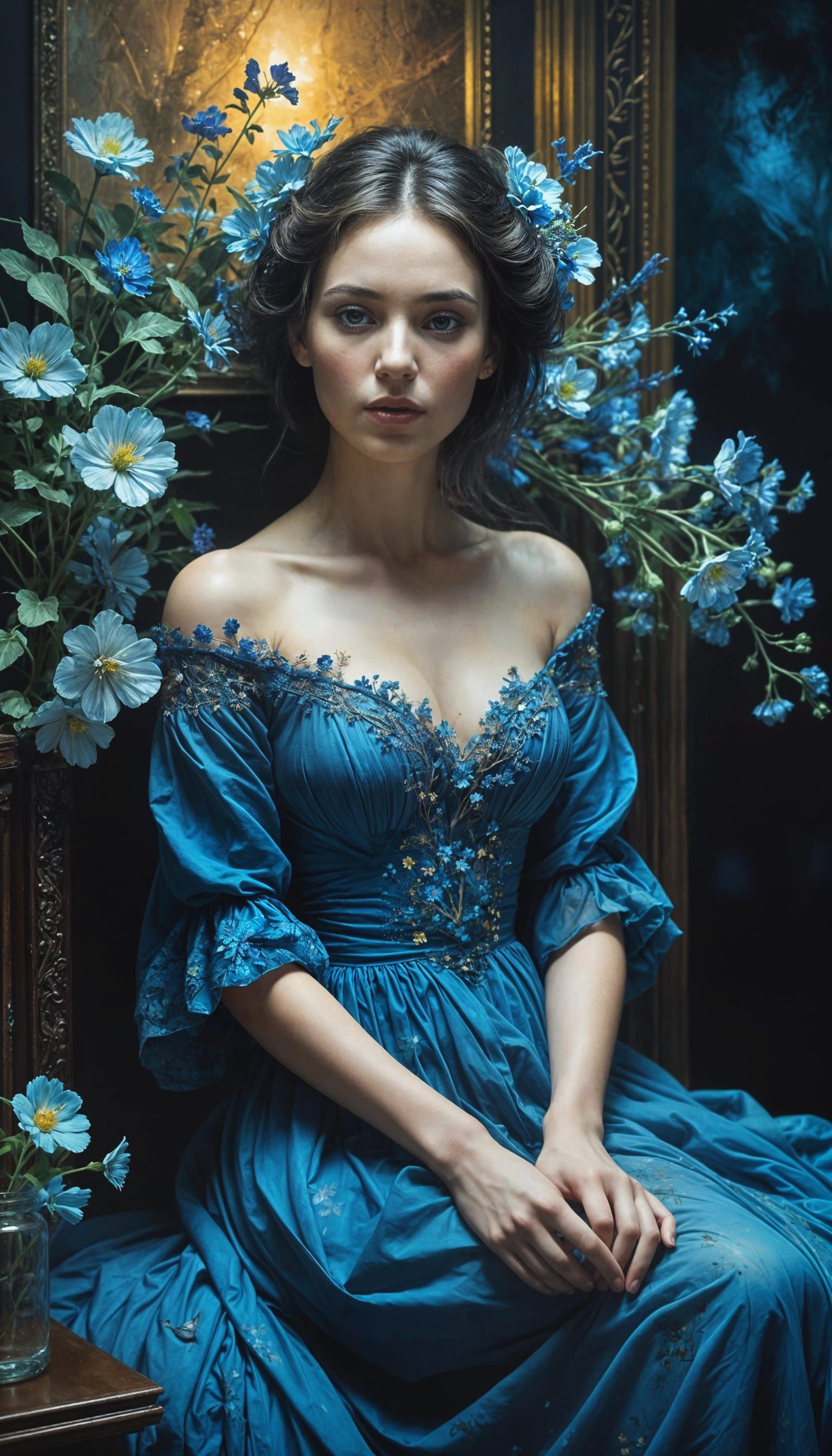 Surreal Portrait in Soft Blues and Orange Accents