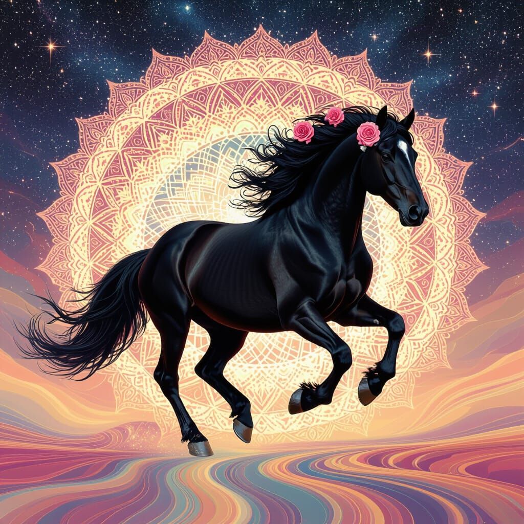 Psychedelic Black Friesian Horse in Starfield