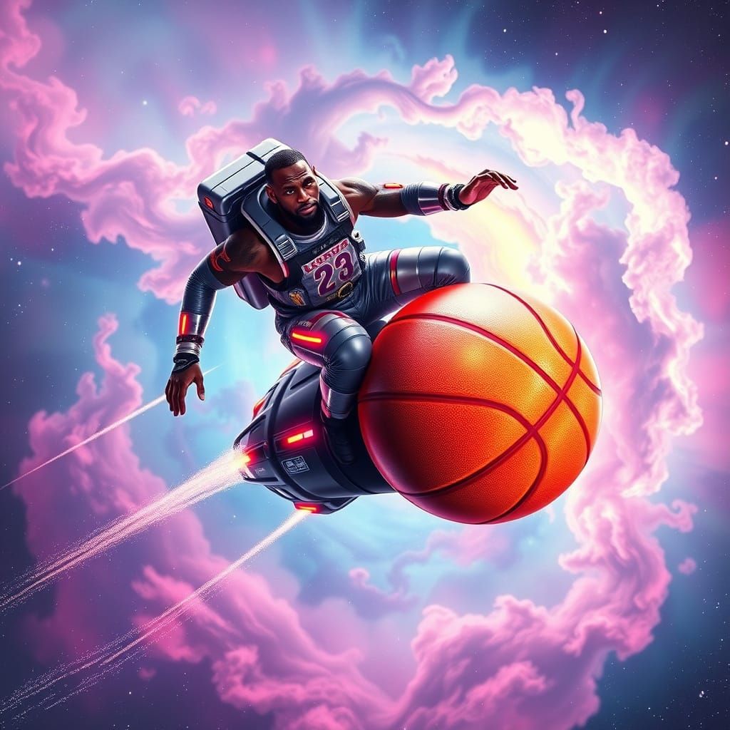 Lebron James in Cosmic Basketball Spaceship Soars Through Ne...