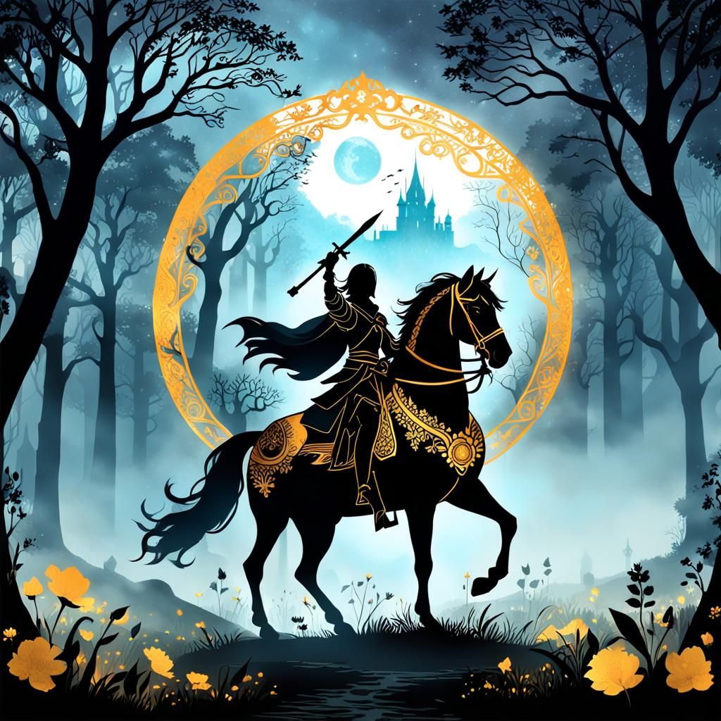 Golden Forest Garden with Horse Rider Silhouette
