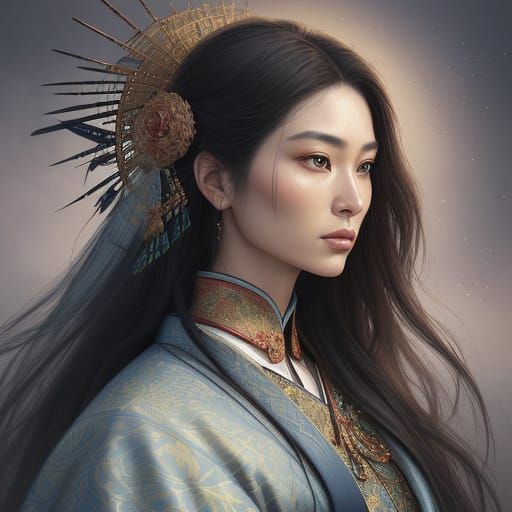 Surreal Digital Painting of Anna Sawai in Ancient Japanese a...