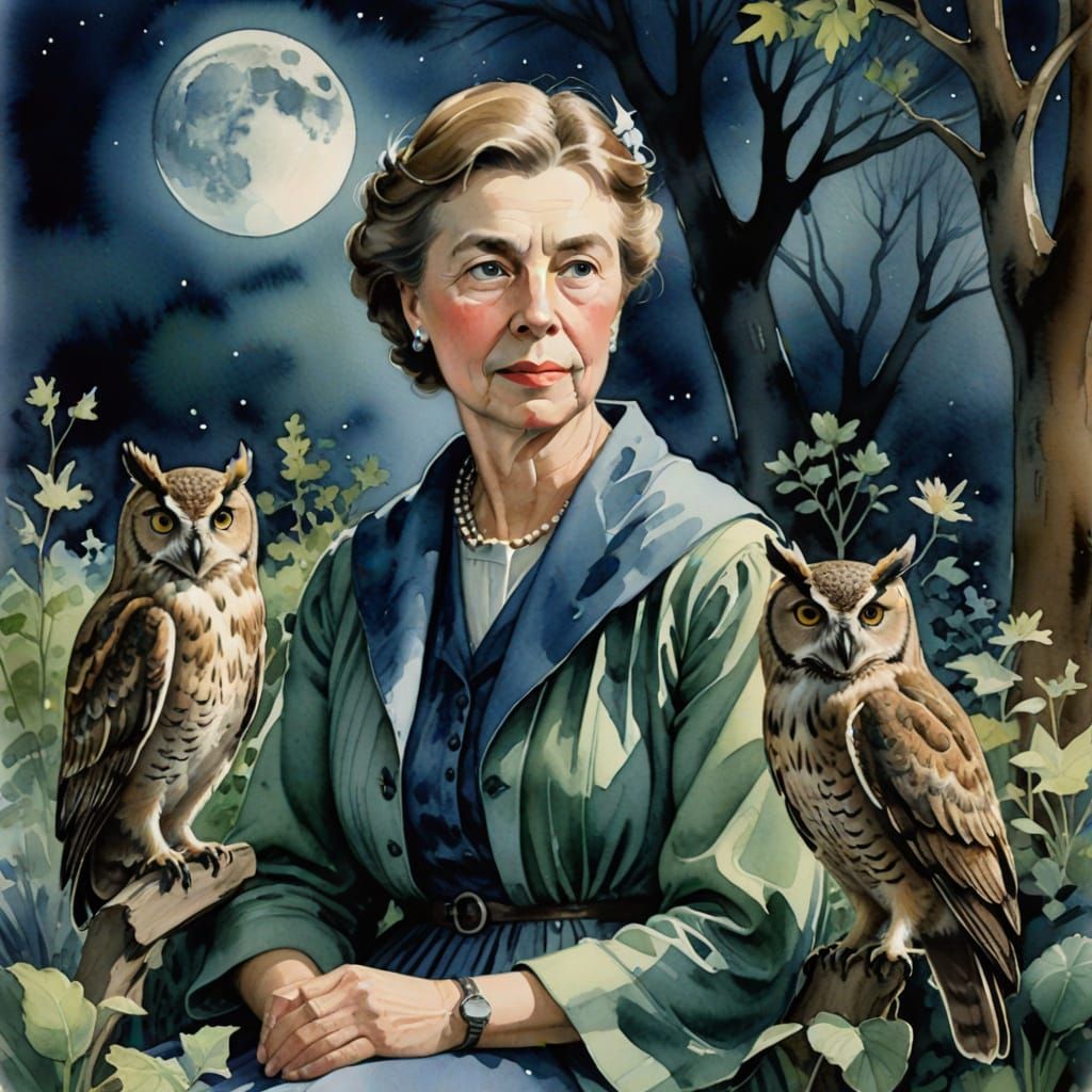 Eleanor Roosevelt in Moonlit Garden with Whimsical Owl